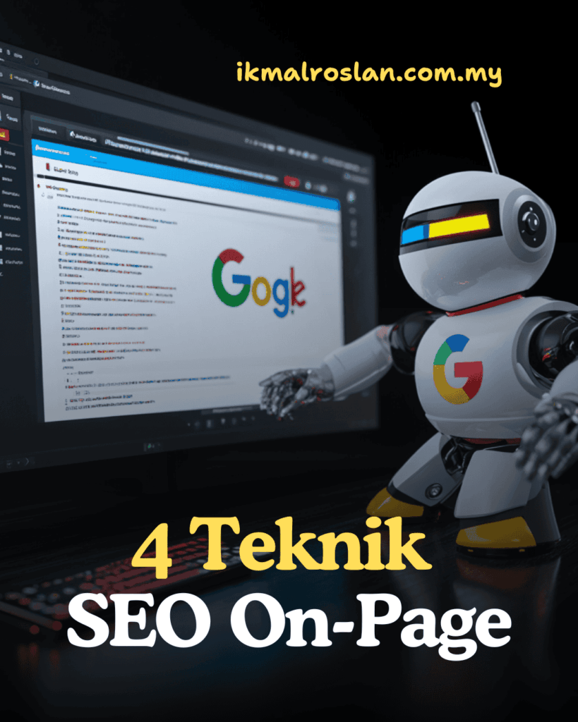 Ilustrasi digital teknikal yang menunjukkan bagaimana bot Google membaca struktur halaman web. Paparan merangkumi kod HTML dengan tag seperti <h1>, <h2>, dan data berstruktur yang diserlahkan, bersama antaramuka Search Console yang menunjukkan status pengindeksan. Ikon bot kecil digambarkan sedang menjelajah kod dengan garis sambungan ke elemen penting. Visual ini menggambarkan proses teknikal SEO dengan gaya informatif dan profesional. 4 Teknik SEO On-Page Terkini