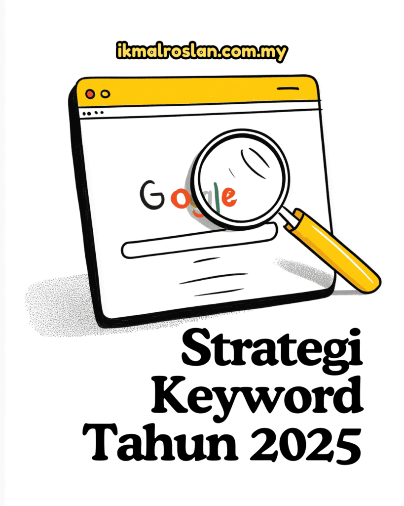 Rajah aliran digital yang menunjukkan proses: "Carian → Niat → Kandungan Sesuai → Penukaran". Setiap langkah diwakili oleh ikon: kanta pembesar (carian), mentol idea (niat), dokumen bertanda (kandungan tepat), dan ikon troli atau borang (penukaran). Anak panah menghubungkan setiap tahap, menggambarkan perjalanan pengguna dari carian hingga kepada tindakan seperti pembelian atau hubungi. Gaya visual bersih dan profesional. Strategi Keyword Tahun 2025